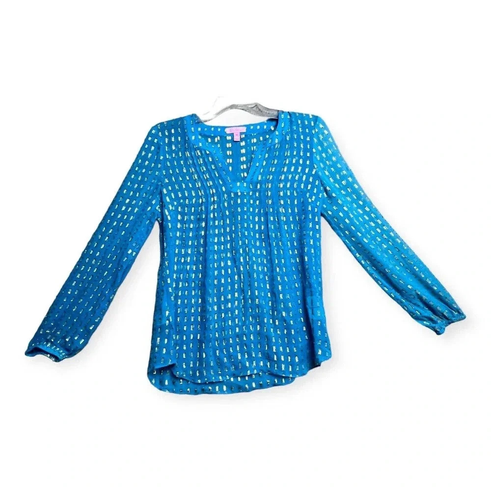 Lilly Pulitzer‎ Colby Blue Top Silk Tunic Blouse XS Gold Sheer Ocean Beach Prep